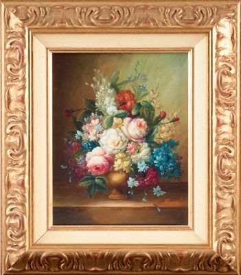 an oil painting of flowers in a vase on a table