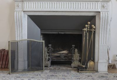une cheminée équipée d'un foyer et d'un pare-feu