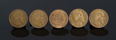 Cinq pièces de 20 francs or 1877,1857, 1852, 1853, 1860