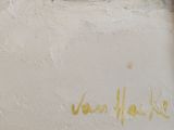 a white wall with yellow writing on it and a red fire hydrant in front of it