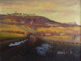 une peinture à l'huile représentant un paysage avec une rivière au premier plan