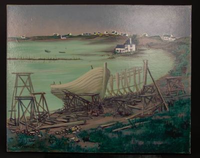 une peinture représentant un bateau sur la rive d'un plan d'eau