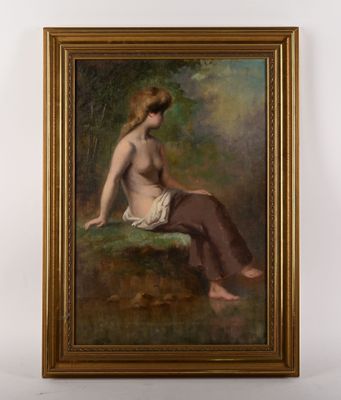 une peinture à l'huile représentant une femme nue assise sur un rocher