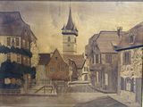 a picture of a painting of a town with a clock tower
