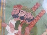 an image of a painting of three men carrying a baby