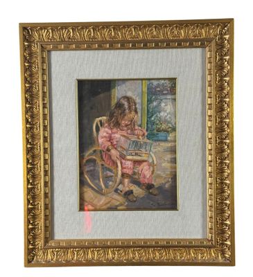 tableau représentant une petite fille assise dans un fauteuil à bascule en train de lire un livre