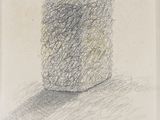 dessin au crayon représentant un rocher au milieu d'un champ