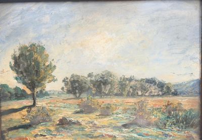 a painting of a field with trees in the background