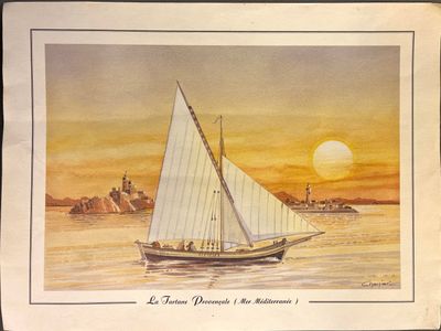 painting of a sailboat in the water at sunset with a lighthouse in the background