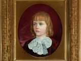 portrait of a young girl in a red dress with a lace collar