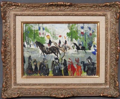 une image représentant un tableau d'une calèche tirée par des chevaux avec des personnes à bord