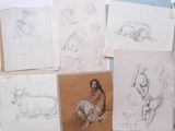 many sketches of a woman sitting on the ground