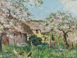 une peinture à l'huile représentant une maison et des poules dans un champ