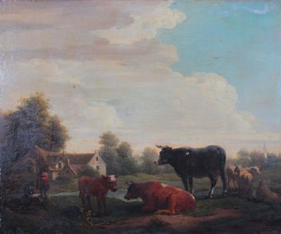 un tableau représentant des vaches dans un champ, avec une maison en arrière-plan