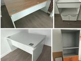 four different pictures of a desk with drawers and a bookcase