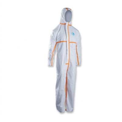 a white coverall with orange trims and a hood