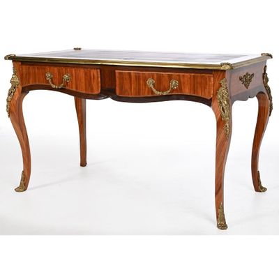 une image représentant un bureau en bois avec deux tiroirs et un plateau en marbre