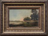 an oil painting of a landscape with trees and a river