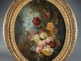a painting of flowers in a gold frame on a grey background