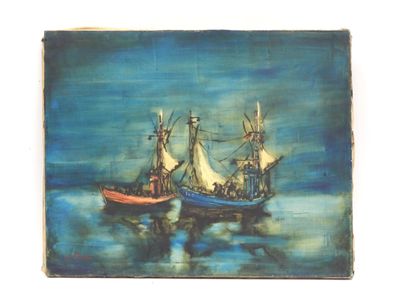 a painting of two boats floating on the water