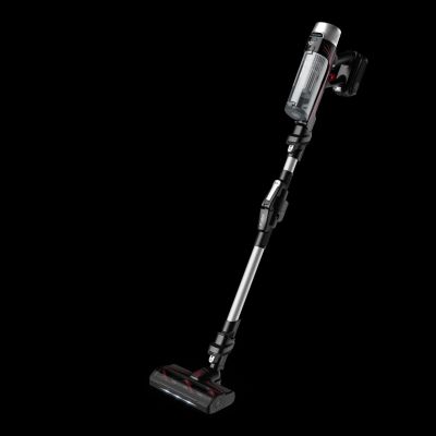 a close up of a cordless vacuum cleaner on a black background