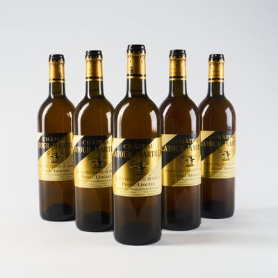 six bouteilles de vin sont alignées sur une surface blanche