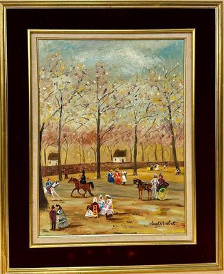 painting of a painting of people and horses in a park