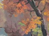 an image of a painting of a river with trees in the foreground