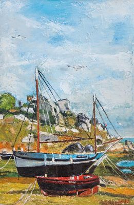 un tableau représentant deux bateaux sur la rive, au bord de l'eau