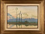 une image d'un tableau représentant un paysage avec des arbres au premier plan