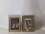 two framed pictures of a woman and a man on a bench