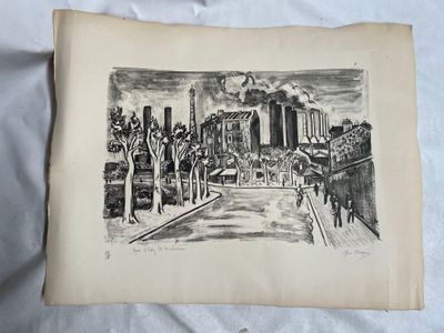 dessin représentant une vue d'une ville avec une tour horloge au loin