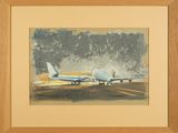 painting of an airplane on a runway with trees in the background