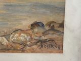 a picture of a painting of a dog and a cat on the beach
