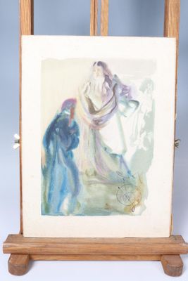 a painting on a easel with a painting of a man and a woman