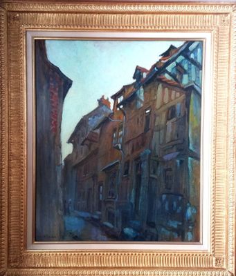 an oil painting of a street scene with buildings in the background