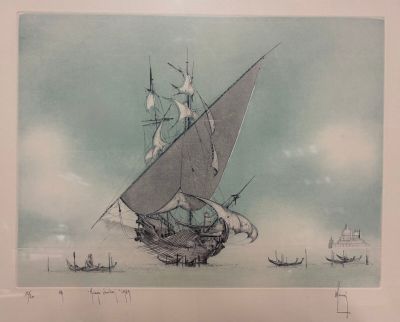dessin représentant un voilier sur un plan d'eau, avec d'autres bateaux en arrière-plan