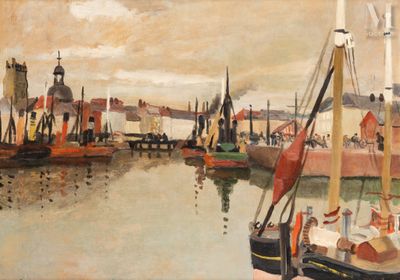 a painting of boats in a harbor with buildings in the background