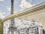 a large mural of a building on the side of a building