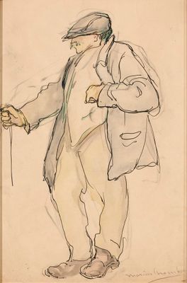 drawing of a man in a hat and coat holding a cane