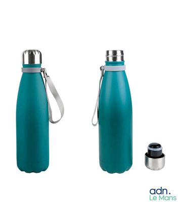 thermos bottle with a strap on the side and a bottle on the other side