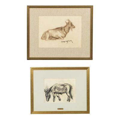 Hubert Malfait (1898-1971) 'Âne au pâturage' et 'Chèvre couc…