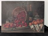 un tableau représentant un panier de fraises et d'oranges posé sur une table