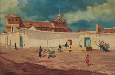 a painting of a village scene with people and a horse