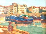a painting of boats in a harbor with buildings in the background