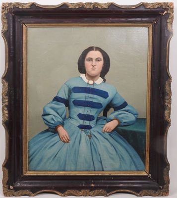 an old painting of a woman in a blue dress is hanging on a wall