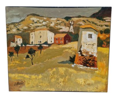 une peinture à l'huile représentant une scène rurale avec des maisons et des arbres