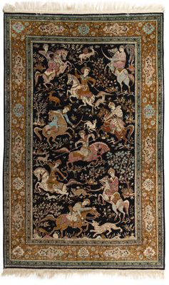 un tapis noir orné d'un motif représentant des animaux et des oiseaux