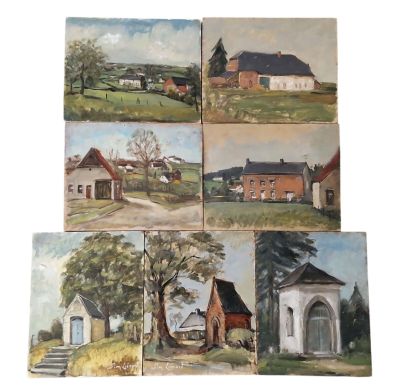 four paintings of houses and a church on a white background