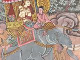 a painting of people riding on an elephant with a carriage